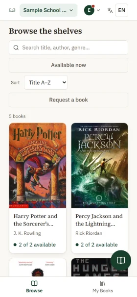 The student browse screen: a search bar and filters above a grid of book covers, each showing how many copies are available