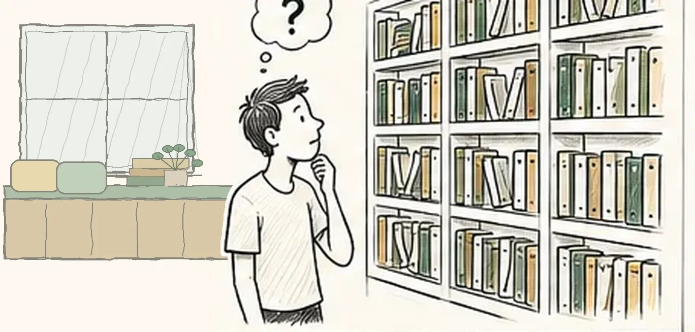 A student looking up at tall shelves, wondering what to read, beside a window seat with cushions