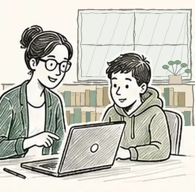A teacher and a student at a laptop, with a low bookshelf under the classroom window behind them